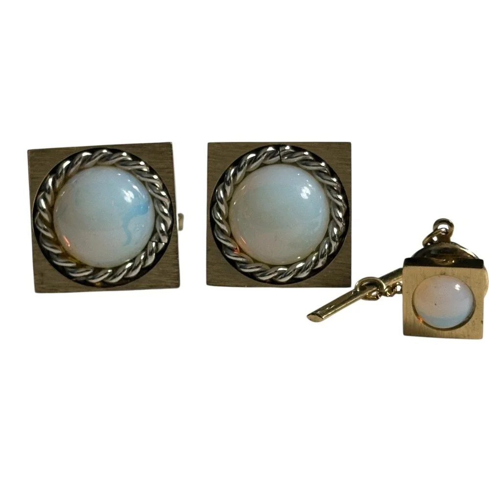 Foster Cufflinks Tie Tac Pin Set Cloudy White Round Acrylic Center Gold Tone VTG